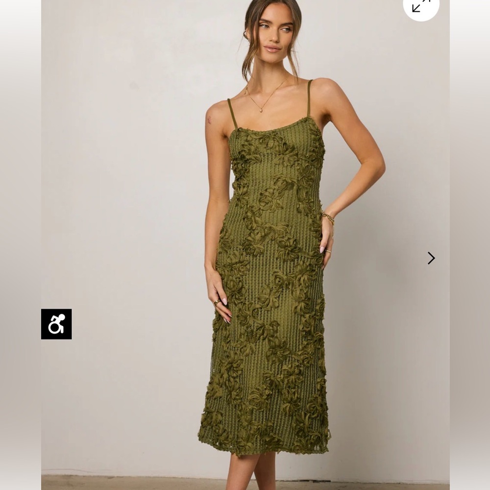 Bohme Olive Green Textured Midi Dress